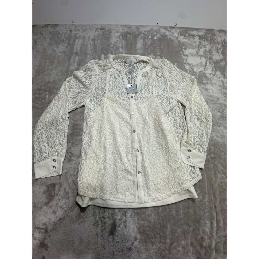 Cupio Blush Whisper White Lace Button Front Blouse Layered Camisole Size Large